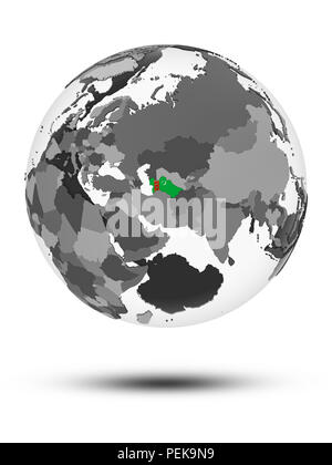 Turkmenistan mit Flagge auf Globus mit Schatten auf weißem Hintergrund. 3D-Darstellung. Stockfoto