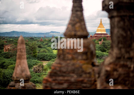 Thisa-Wadi-Tempel Bagan Myanmar // BAGAN, Myanmar – Ein Blick von den oberen Terrassen des thisa-Wadi-Tempels (auch bekannt als Thissa-Wadi-Tempel) überblickt die weitläufige Bagan-Ebene. Nach epigraphischen Beweisen aus dem Jahr 1334 n. Chr. wurde dieser dreistöckige Tempel in der postkaiserlichen Zeit errichtet, fast ein halbes Jahrhundert nach dem Fall des heidnischen Königreichs. Der Tempel ist als Denkmal Nr. 918 in Pierre Pichards umfangreichem archäologischem Inventar der archäologischen Zone Bagan katalogisiert. Trotz umfangreicher Renovierungsarbeiten mit verzierten Außendekorationen ist dieses Wadi weiterhin eines von ihnen Stockfoto