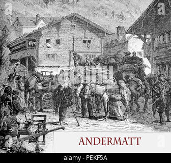 Vintage Gravur Ansicht von Andermatt, Uri Kanton der Schweiz, Treffpunkt von vielen Reisegruppen für Berg Exkursion Stockfoto