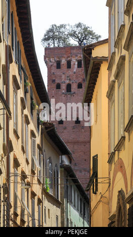 Via Sant'Andrea in Lucca, Toskana. Blick in Richtung Torre Guinigi Turm (Torre Guinigi) Stockfoto