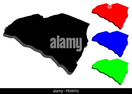 3D-Karte von South Carolina (Vereinigte Staaten von Amerika, der Palmetto State) - Schwarz, Rot, Blau und Grün-Vector Illustration Stock Vektor