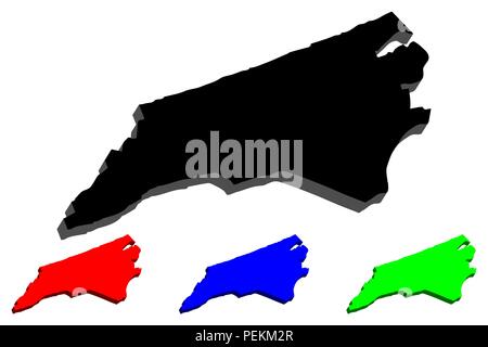 3D-Karte von North Carolina (Vereinigte Staaten von Amerika, Old North State) - Schwarz, Rot, Blau und Grün-Vector Illustration Stock Vektor