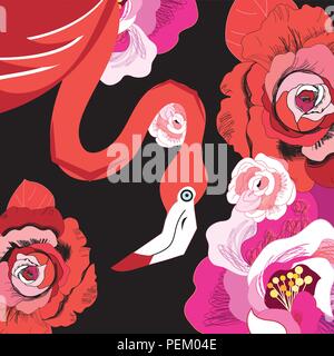 Grafik roter Flamingo unter Rosen Stock Vektor