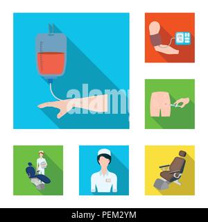 Medizin und Behandlung flach Symbole im Set Sammlung für Design. Krankenhaus und Ausrüstung vektor Symbol lieferbar Abbildung. Stock Vektor