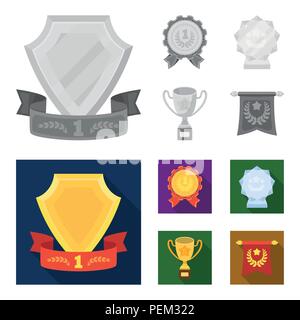 Eine olympische Medaille für den ersten Platz, eine Kristallkugel, eine goldene Schale auf einem Ständer, einem roten Anhänger. Auszeichnungen und Trophäen set Sammlung Icons in Schwarzweiß, flach Stock Vektor