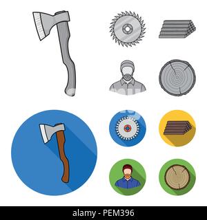 Kreissäge, ein Tischler, ein von Protokollen stack. Ein Sägewerk und Holz set Sammlung Icons in Schwarzweiß, flacher Stil vektor Symbol lieferbar illustratio Stock Vektor