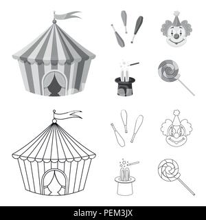 Zirkuszelt, jongleur Streitkolben, Clown, Zauberer Hut. Circus Collection Symbole in der Gliederungsansicht, Schwarzweiß-Stil vektor Symbol lieferbar Abbildung. Stock Vektor