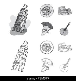 Pisa Tower, Pasta, Kolosseum, Legionär Helm. Italien Land Sammlung Icons in Grenzen gesetzt, Schwarzweiß-Stil vektor Symbol lieferbar Abbildung. Stock Vektor