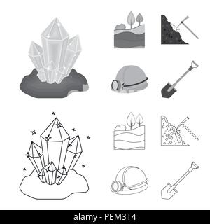 Kristalle, Kohleflöz, Pickel, Helm mit einer Laterne. Meine Sammlung Icons in Grenzen gesetzt, Schwarzweiß-Stil vektor Symbol lieferbar Abbildung. Stock Vektor
