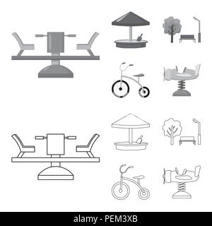 Karussell, Sandkasten, Park, Dreirad. Spielplatz set Sammlung Symbole in der Gliederungsansicht, Schwarzweiß-Stil vektor Symbol lieferbar Abbildung. Stock Vektor