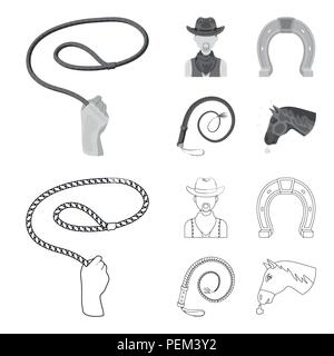 Hand Lasso, Cowboy, Hufeisen, Peitsche. Rodeo Sammlung Icons in Grenzen gesetzt, Schwarzweiß-Stil vektor Symbol lieferbar Abbildung. Stock Vektor