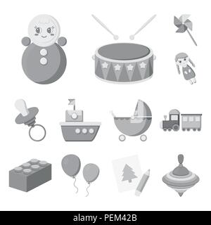 Kinder Spielzeug monochrome Icons im Set Sammlung für Design. Spiel und christbaumkugel Vektor Symbol lieferbar Abbildung. Stock Vektor
