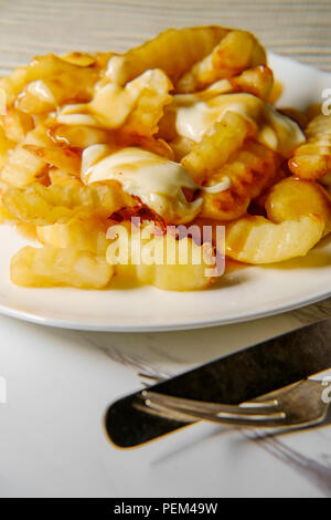 Kanadische Poutine crinkle - schneiden Pommes mit Soße und Käse Quark Stockfoto