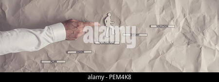 Breites panorama Retro getonten Bild der Geschäftsmann klettern die Schritte zum Erfolg in einem konzeptionellen Bild mit Papier silhouette Ausschnitte von einem Mann und einer menschlichen Stockfoto