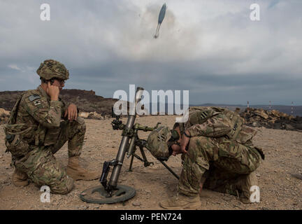 Us-Armee Indirektes Feuer Infanteristen zu East African Response Force, Combined Joint Task Force-Horn von Afrika (CJTF-HOA), Feuer ein M224 Mörser während einer Live-fire Übung in Dschibuti, Dez. 16, 2015 zugeordnet. Durch gemeinsames Handeln mit US-amerikanischen und internationalen Partnern in Ostafrika, CJTF-HOA Sicherheit Kraft Hilfe führt, führt militärische Engagement, bietet Schutz und sorgt für die regionale gegen den gewalttätigen extremistischen Organisation Vorgänge aus, um die regionalen Anstrengungen ausgerichtet Unterstützung militärischer Unterstützung, regionaler Zugang und Bewegungsfreiheit zu gewährleisten, und amerikanische Interessen zu schützen. (U Stockfoto