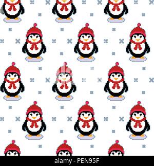 Vektor nahtlose Muster Textur mit Pixel-art Pinguine und Schneeflocken. Winterurlaub Cute Vector Pinguine. Stock Vektor