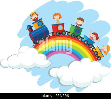 Kinder, die auf dem Zug über den Regenbogen Abbildung Stock Vektor