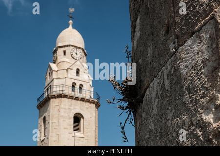 Die Benediktinerabtei Dormitio Abtei Glockenturm (L) steht parallel zu einer Moschee Minarett auf dem der König Davids Grab Verbindung, die auch Häuser im Abendmahlssaal, als die "oberen Zimmer', ein Zimmer traditionell hielt den Ort des Letzten Abendmahls werden gebaut, bekannt. 1352 Abtei Hagia Maria Sion, 1352 Unsere Liebe Frau Kloster, auf dem Berg Zion, gerade außerhalb der Zion Gate. Das benediktinische Basilika wurde über dem Ort, wo Jungfrau Maria sagte schläft zum letzten Mal gefallen zu haben neben dem Ort des Letzten Abendmahls. Das Land wurde von dem deutschen Kaiser Wilhelm II. aus dem Flugverbot fuer gekauft Stockfoto