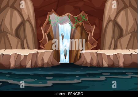 Schönen Wasserfall Höhle Landschaft illustration Stock Vektor
