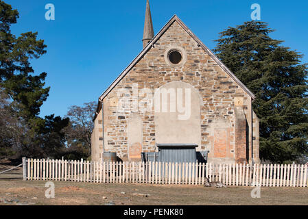 Ein Eastern Grey Kangaroo (Macropus giganteus) liegt an der Rückseite des historischen St Paul Presbyterianische Kirche in der alten Goldgräberstadt von Hill End, Stockfoto