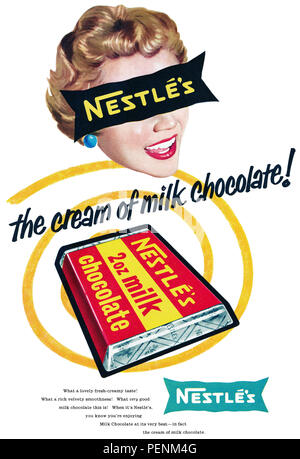 1957 britischen Werbung für Nestlé Milk Chocolate Bar. Stockfoto