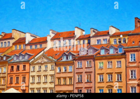 Malerei auf Leinwand von den hellen Fassaden der historischen Gebäude auf dem Marktplatz in Warschau, Polen Stockfoto