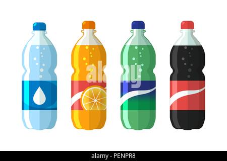 Set aus Kunststoff Flasche Wasser und süsse Limonade Cola, Sprite, Fantasy orange Soda. Flache Vektor soda Symbole Abbildung Stock Vektor