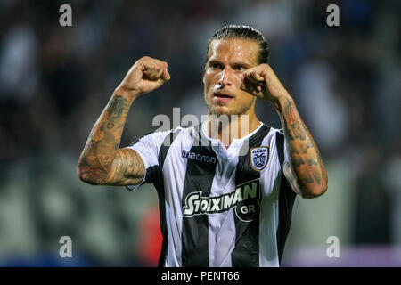 Thessaloniki, Griechenland - August 8, 2018: die Spieler von PAOK Aleksandar Prijovic in Aktion während der UEFA Champions League dritte qualifikationsrunde zwischen Stockfoto