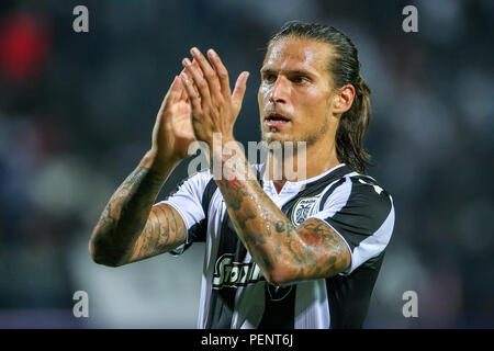 Thessaloniki, Griechenland - August 8, 2018: die Spieler von PAOK Aleksandar Prijovic in Aktion während der UEFA Champions League dritte qualifikationsrunde zwischen Stockfoto