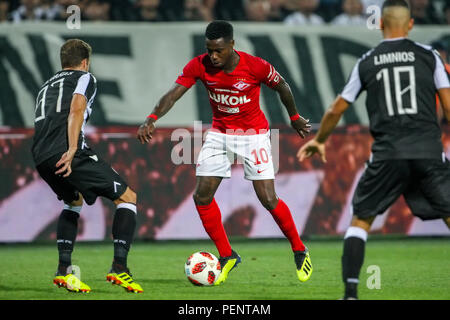 Thessaloniki, Griechenland - August 8, 2018: die Spieler von Spartak Quincy Promes (C), die in Aktion während der UEFA Champions League dritte qualifikationsrunde zwischen Stockfoto