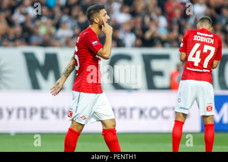 Thessaloniki, Griechenland - August 8, 2018: die Spieler von Spartak Salvatore Bocchetti in Aktion während der UEFA Champions League dritte Qualifikationsrunde zwisch Stockfoto