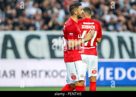 Thessaloniki, Griechenland - August 8, 2018: die Spieler von Spartak Salvatore Bocchetti in Aktion während der UEFA Champions League dritte Qualifikationsrunde zwisch Stockfoto