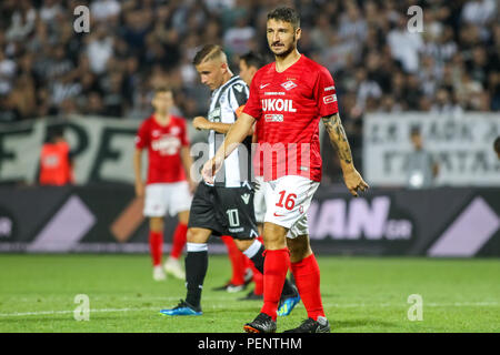 Thessaloniki, Griechenland - August 8, 2018: die Spieler von Spartak Salvatore Bocchetti in Aktion während der UEFA Champions League dritte Qualifikationsrunde zwisch Stockfoto