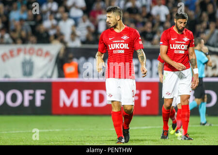 Thessaloniki, Griechenland - August 8, 2018: die Spieler von Spartak Salvatore Bocchetti in Aktion während der UEFA Champions League dritte Qualifikationsrunde zwisch Stockfoto