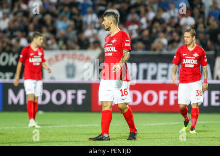 Thessaloniki, Griechenland - August 8, 2018: die Spieler von Spartak Salvatore Bocchetti in Aktion während der UEFA Champions League dritte Qualifikationsrunde zwisch Stockfoto