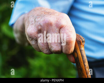Faltigen Hände alte Mann' auf dem Stick gekreuzt. Nahaufnahme einer nachdenklich Großvater sitzt alleine im Freien und ruht auf einem Stock. Stockfoto