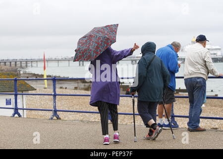 Eastbourne, Großbritannien. 16. Aug 2018. UK Wetter. Besucher in Eastbourne Airshow der Regen hoffend, die Airshow voran geht mutig. Eastbourne, East Sussex, UK Credit: Ed Brown/Alamy leben Nachrichten Stockfoto