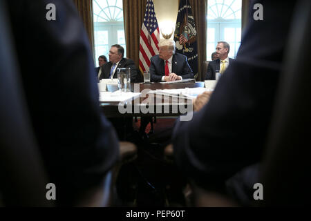 Washington, District of Columbia, USA. 16 Aug, 2018. Präsidenten der Vereinigten Staaten Donald J. Trumpf, Mitte, Gastgeber einer Kabinettssitzung im Schaltschrank des Weißen Hauses am August 16, 2018 in Washington, DC. Credit: Oliver Contreras/Pool über CNP Credit: Oliver Contreras/CNP/ZUMA Draht/Alamy leben Nachrichten Stockfoto