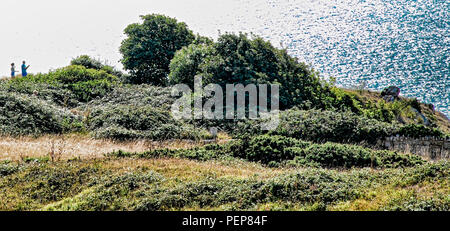 Portland. 16. August 2018. UK Wetter: Leute schauen heraus über sonnige Lyme Bay, aus dem clliffs auf der Isle of Portland Credit: stuart Hartmut Ost/Alamy leben Nachrichten Stockfoto