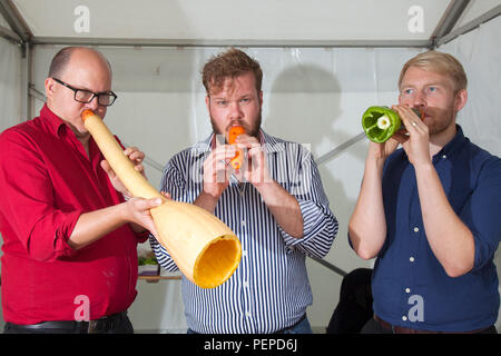 Phil, Max  & Mike, das „Gemüseorchester“, das bei der Southport Flower Show Musik auf Karotten, Mark und Kürbis spielt, während Entertainer, Aussteller, Gartendesigner und Blumenkünstler die Besucher dieser berühmten jährlichen Veranstaltung begeistern. Das Gemüsesorchester ist eine Musikgruppe, die Instrumente verwendet, die ausschließlich aus frischem Gemüse hergestellt werden. Southport, Merseyside, Großbritannien. August 2018. Stockfoto