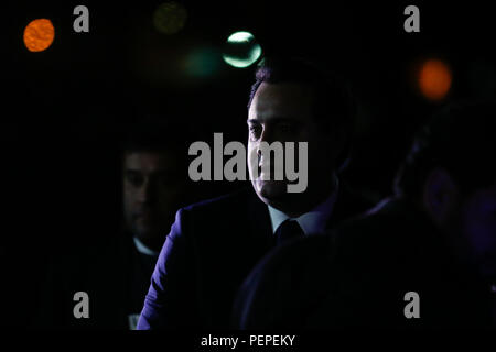 Curitiba, Brasilien. 16 Aug, 2018. Der Kandidat Ratinho Junior (PSD) während der Debatte Kandidaten für die Regierung von Paraná auf TV Bandeirantes Paraná in Curitiba PR statt. Credit: Rodolfo Buhrer/La Imagem/FotoArena/Alamy leben Nachrichten Stockfoto