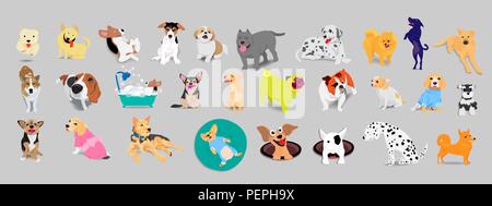 Eingestellt von Hunden, Beagle, Jack Russell Terrier, pitbill, Bulldogge, Thai bangkaew, Dalmatiner, liebenswert und freundlich Tier auf grauem Hintergrund. Stock Vektor