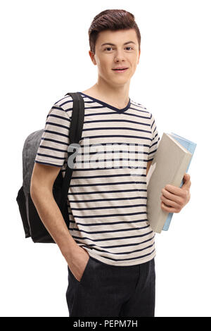 Teenage Student mit einem Rucksack und Bücher auf weißem Hintergrund Stockfoto