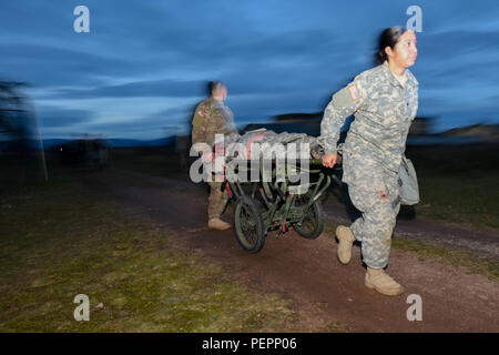 Pfc. Robert Foster (links) und SPC. Jennifer Ramirez (rechts), 212Th Combat Support Hospital (CSH) Mediziner, tragen eine Rolle Spieler Unfall auf das Not-Zelt während 30 medizinische Brigade MEDSHOCK Übung in Finthen LTA, Deutschland, Jan. 27, 2016. Übungen wie diese helfen, Test medizinische Interoperabilität zwischen der NATO zusammengeschlossen, Nationen. (U.S. Armee Foto vom Kapitän Jeku Arce, 30 medizinische Brigade Public Affairs/freigegeben) Stockfoto