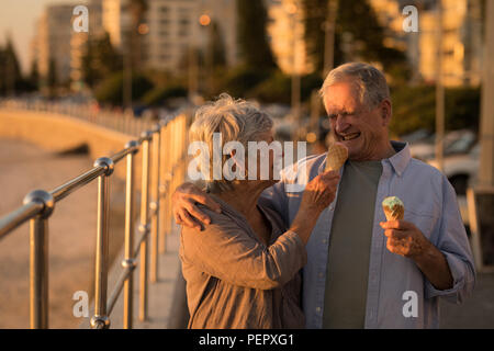 Senior paar Eis an der Promenade Stockfoto