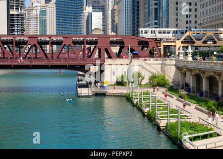 Chicago River, den Riverwalk, Kajaks, die Hochbahn und die umliegende Downtown Architektur im Sommer, Chicago, Illinois, USA Stockfoto