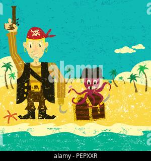 Pirat Junge mit einer Krake. Ein Pirat Junge mit einem Oktopus und eine Schatztruhe auf einer einsamen Insel. Stock Vektor