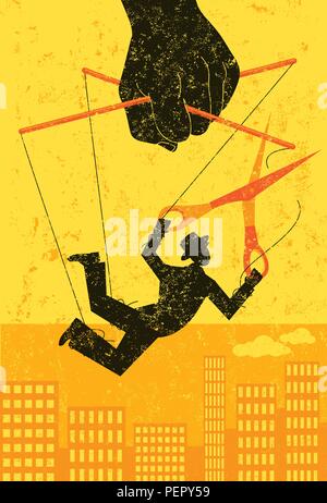 Flucht vor controlling Chef. Ein Geschäftsmann, dargestellt als eine Marionette, schneidet er sich seine Freiheit zu gewinnen. Stock Vektor