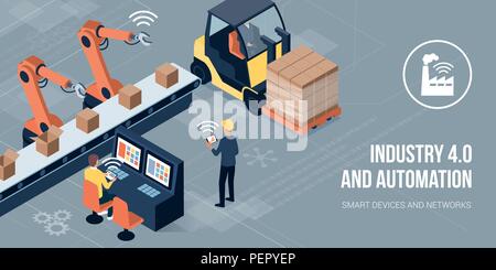 Ingenieure arbeiten in einer Fabrik und Überwachung Roboter mit HMI-Schnittstellen: Industrie 4.0- und Automatisierungskonzept Stock Vektor