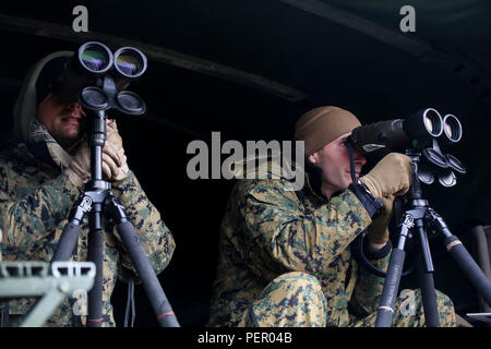 Sergeants Douglas Cairn, Links, und Bradley, Brouwer, rechts, Ausbilder in der 2. Marine Division Combat Skills Center Pre-Scout Sniper Course, Suche für Studierende während eines stalking Übung in Camp Lejeune, N.C., Jan. 22, 2016. Die dcsc bietet mehrere Infanterie-basierte Kurse die Bekämpfung der Bereitschaft der Marines zu verbessern. (U.S. Marine Corps Foto von Cpl. Paul S. Martinez/Freigegeben) Stockfoto